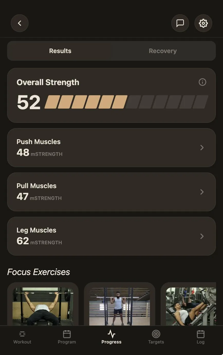 Metriform progress screen: overall strength score with push, pull and leg muscle scores