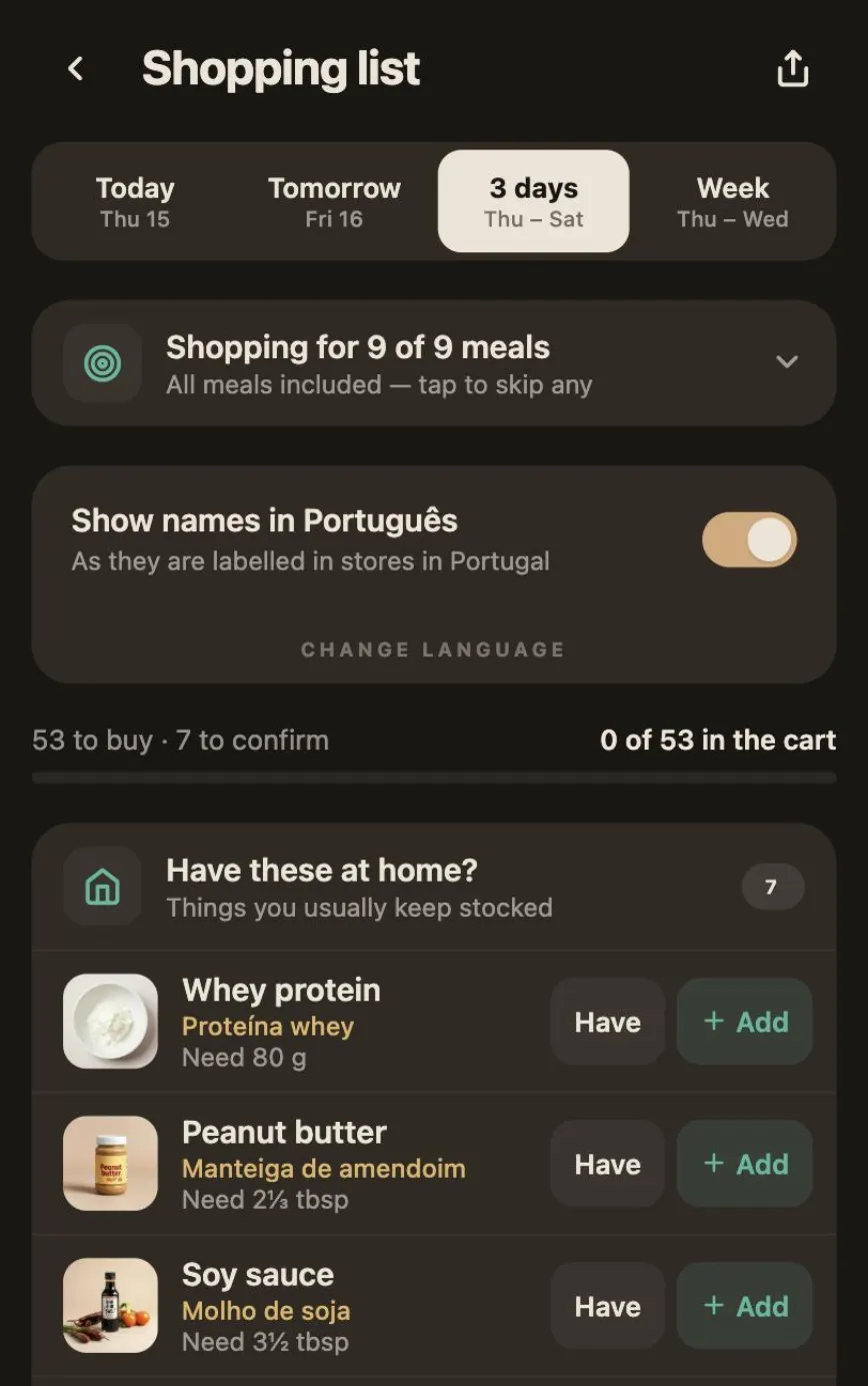 Metriform shopping list for three days: product photos, with the Portuguese shelf name under each product